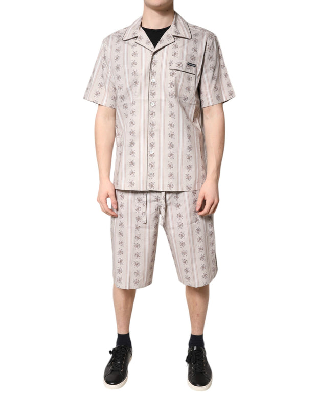 Beige Floral Print Cotton Men Pajama Set Sleepwear