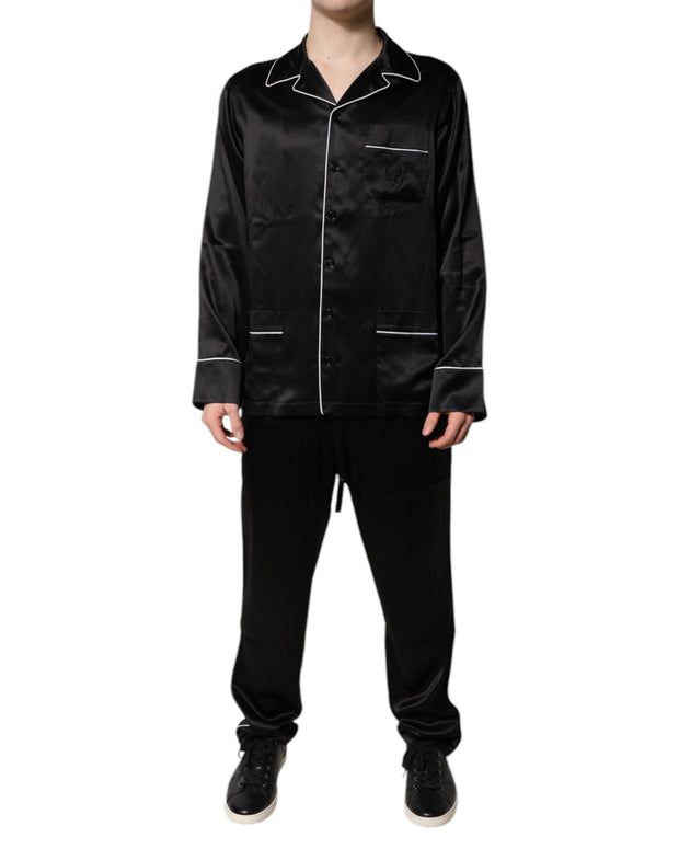 Black Silk Shirt Pants Pajama Set Sleepwear