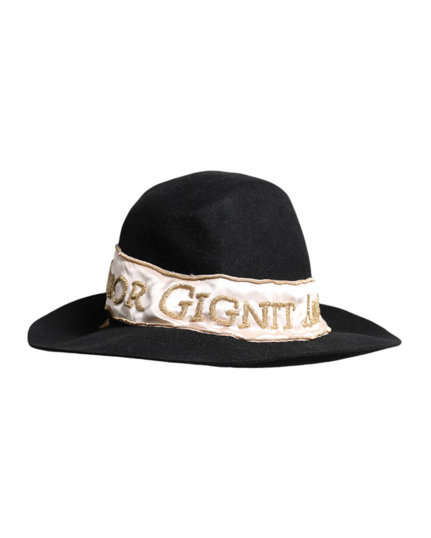 Black Logo Sequin Embroidery Wide Brim Hat