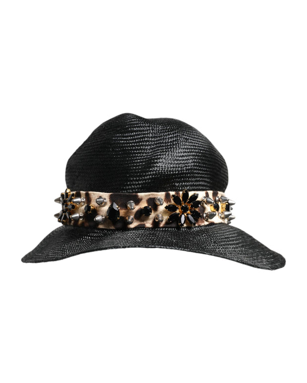 Black Straw Crystal Embellished Wide Brim Hat