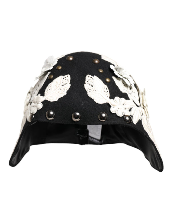 Black Wool White Floral Gold Leaf Cloche Hat