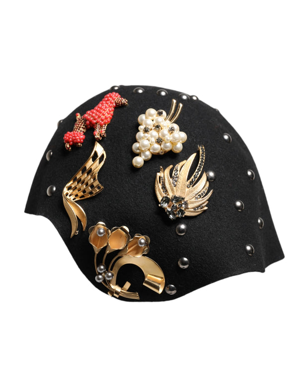 Black Wool Multicolor Embellished Cloche Hat