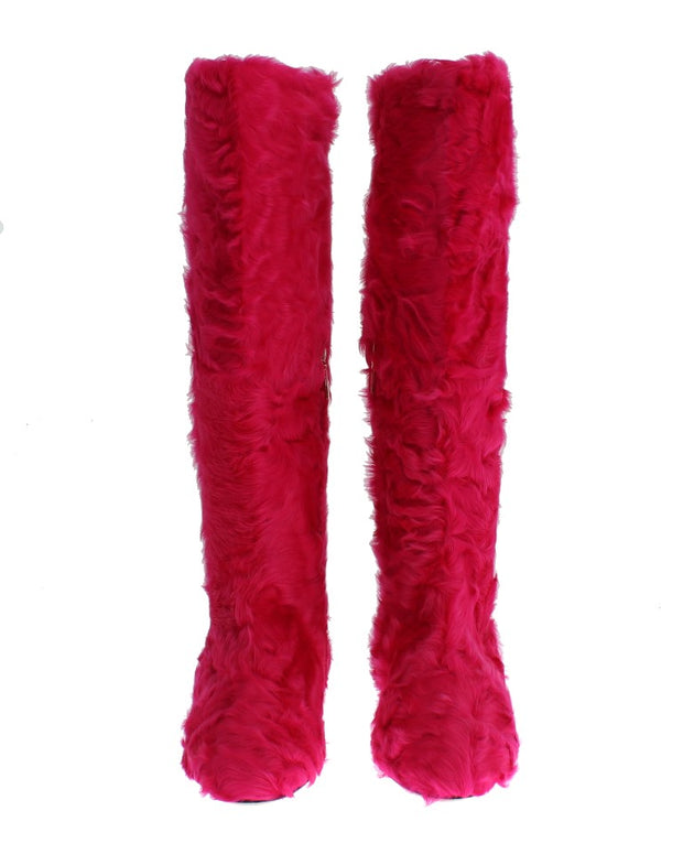 Pink Lamb Fur Leather Flat Boots