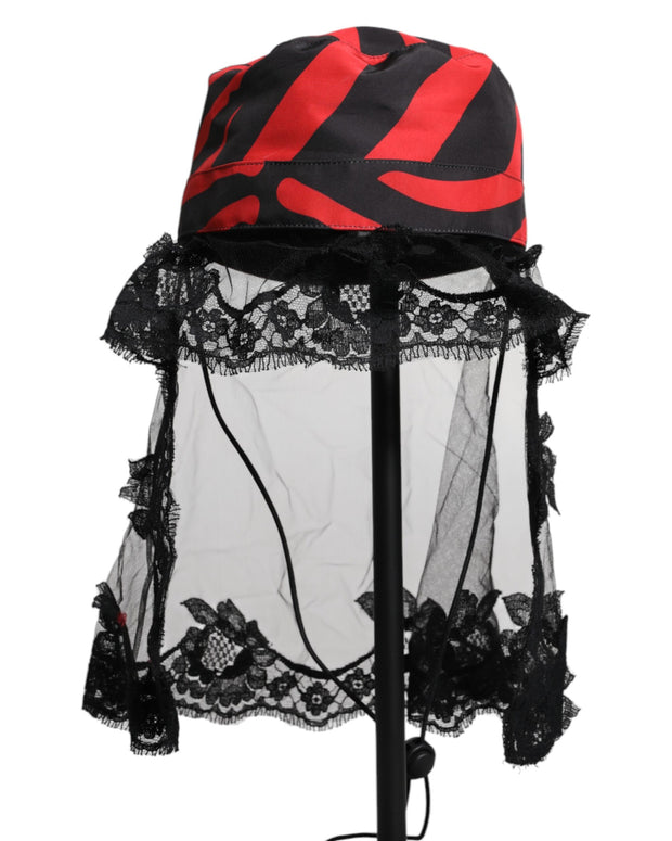 Black Red Stripes Lace Tulle Bucket Hat