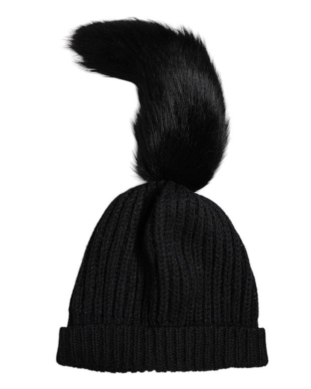 Black Acrylic Knitted Fur Winter Beanie Hat