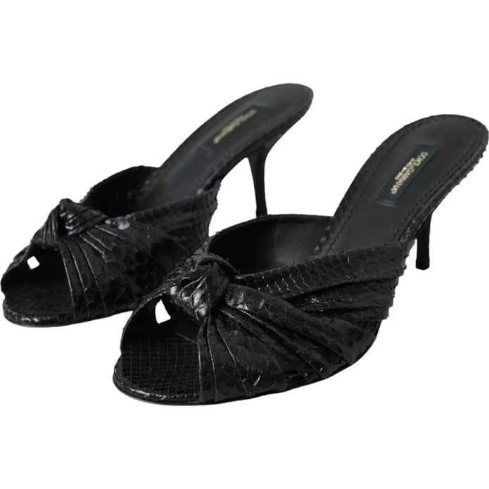 Black Python Leather Heels Slides Shoes