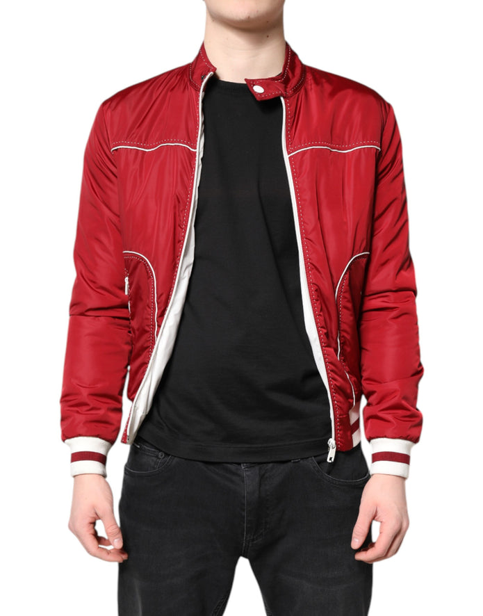 Red White Nylon Full Zip Men Bomber Jacket