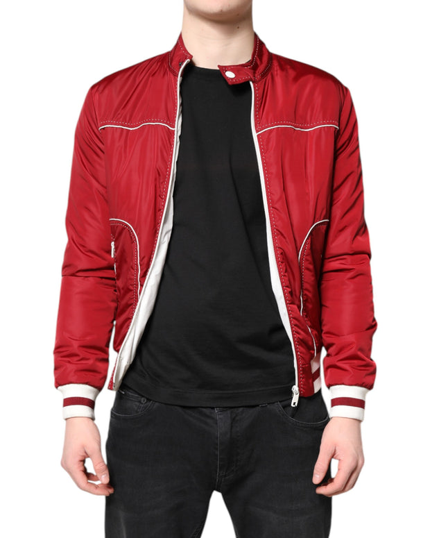 Red White Nylon Full Zip Men Bomber Jacket
