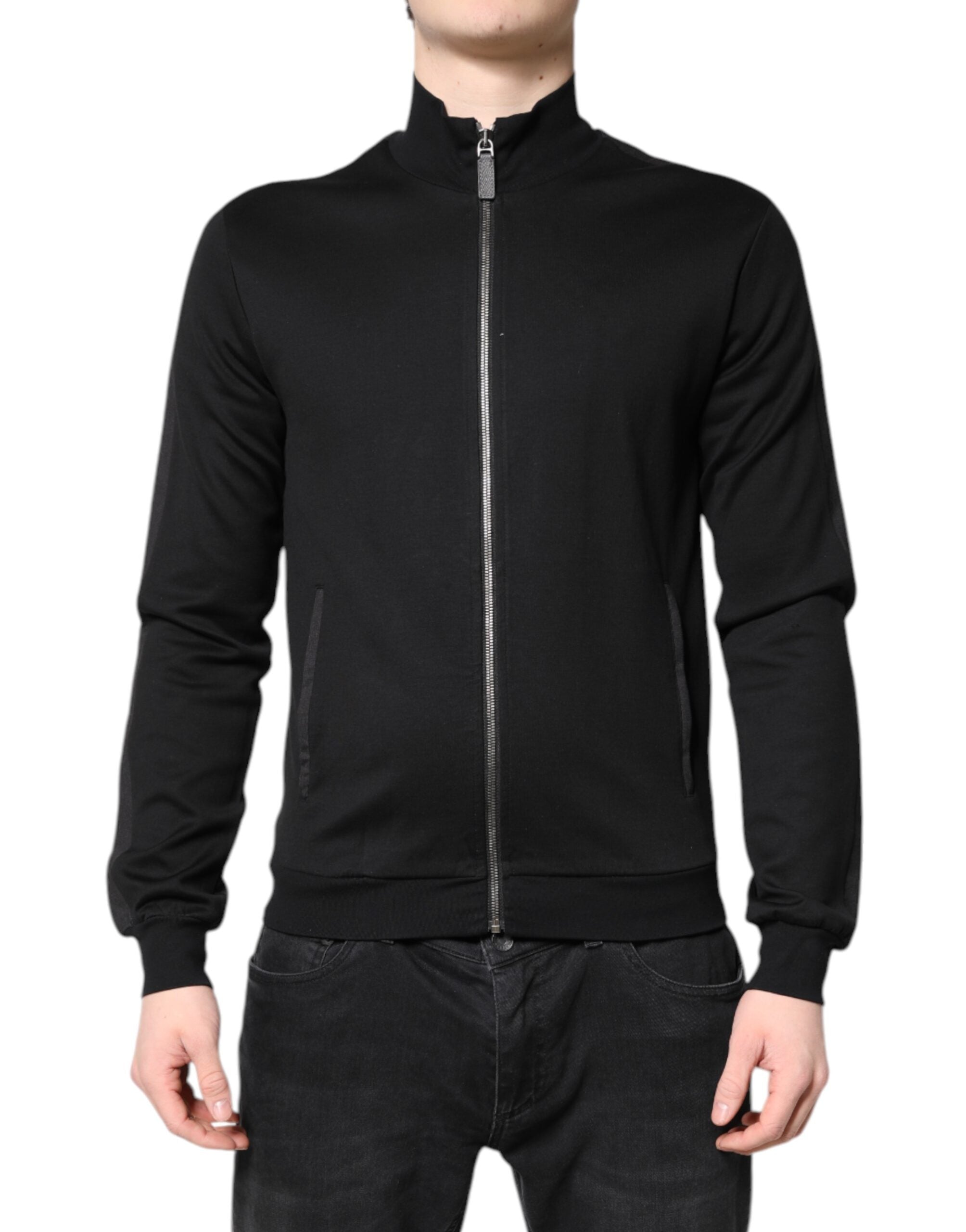 Black Cotton Logo Full Zip Men Bomber Jacket