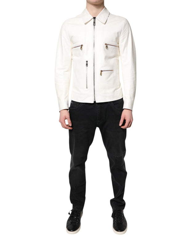 White Collared Full Zip Biker Coat Jacket