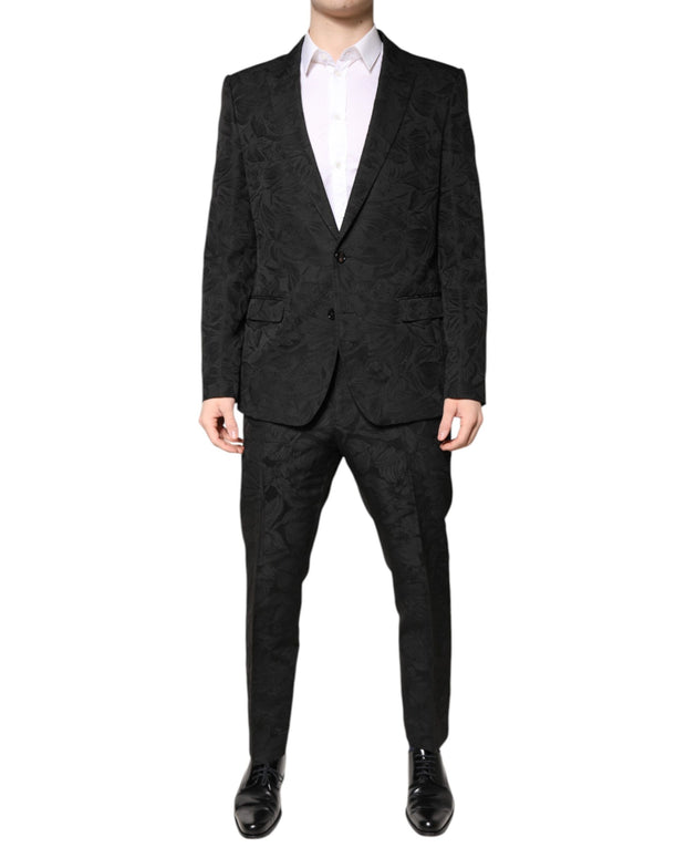 Black Polyester Floral Jacquard 2 Piece Suit