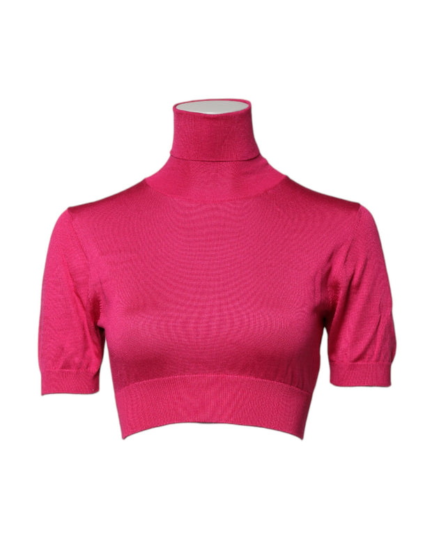 Pink Silk Knitted Turtleneck Cropped Top