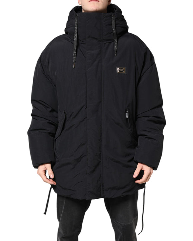 Black Nylon Full Zip Hooded Parka Jacket