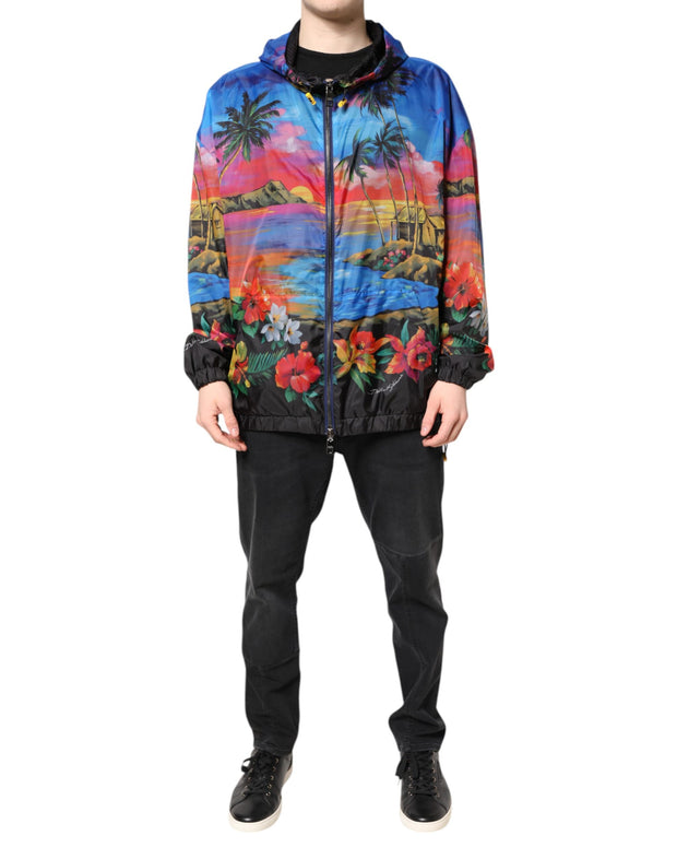 Multicolor Print Hooded Windbreaker Jacket