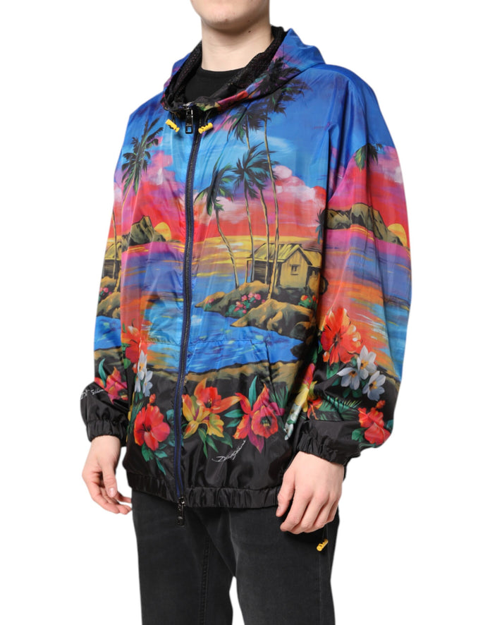 Multicolor Print Hooded Windbreaker Jacket