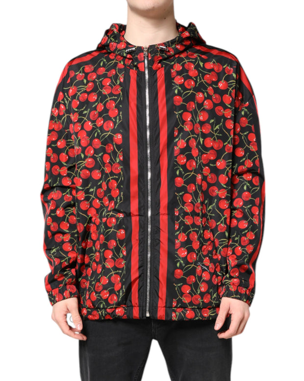 Black Cherry Print Hooded Windbreaker Jacket