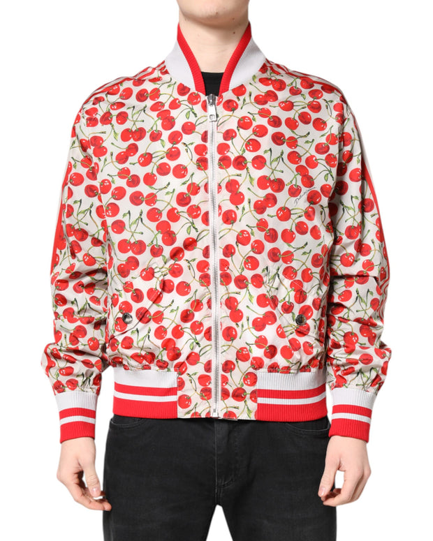 White Cherry Print Full Zip Bomber Jacket