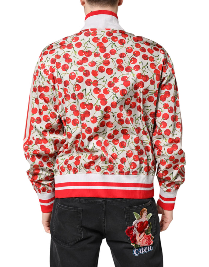 White Cherry Print Full Zip Bomber Jacket