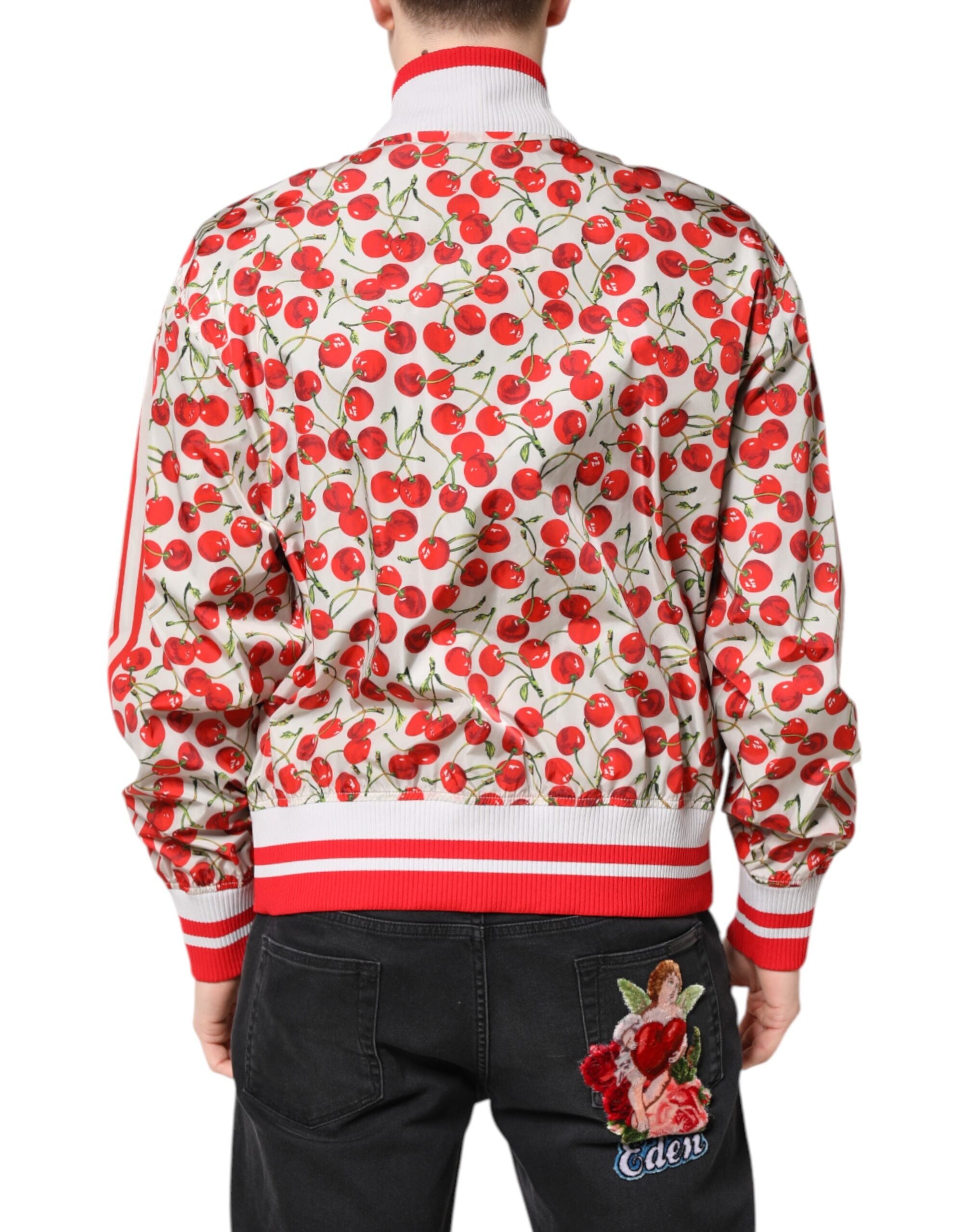 White Cherry Print Full Zip Bomber Jacket