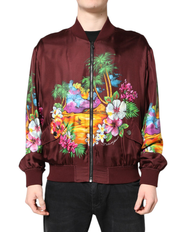 Maroon Floral Print Full Zip Bomber Jacket
