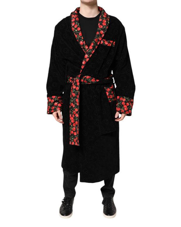 Black Cherry Print Wrap Robe Men Coat Jacket