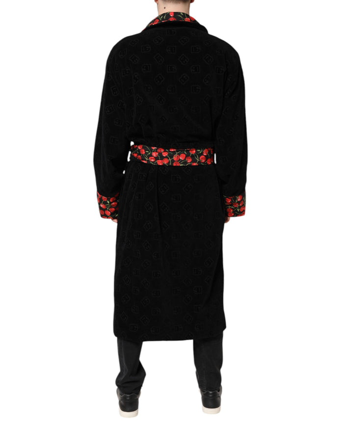 Black Cherry Print Wrap Robe Men Coat Jacket