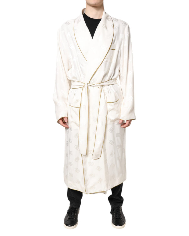 Ivory Silk Logo Men Wrap Robe Coat Jacket