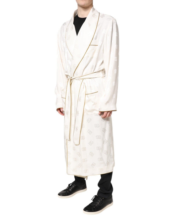 Ivory Silk Logo Men Wrap Robe Coat Jacket