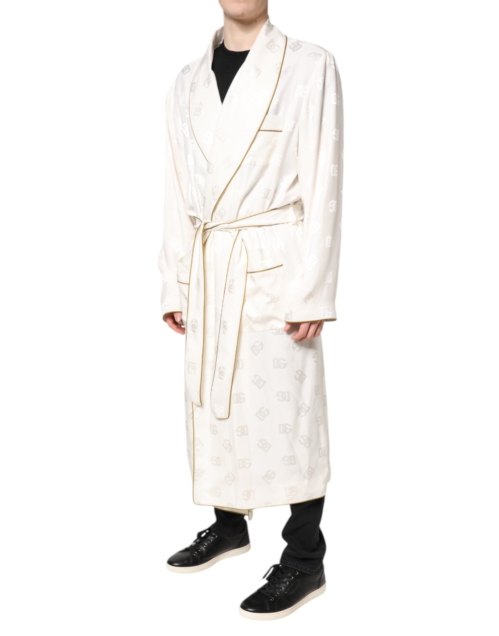 Ivory Silk Logo Men Wrap Robe Coat Jacket