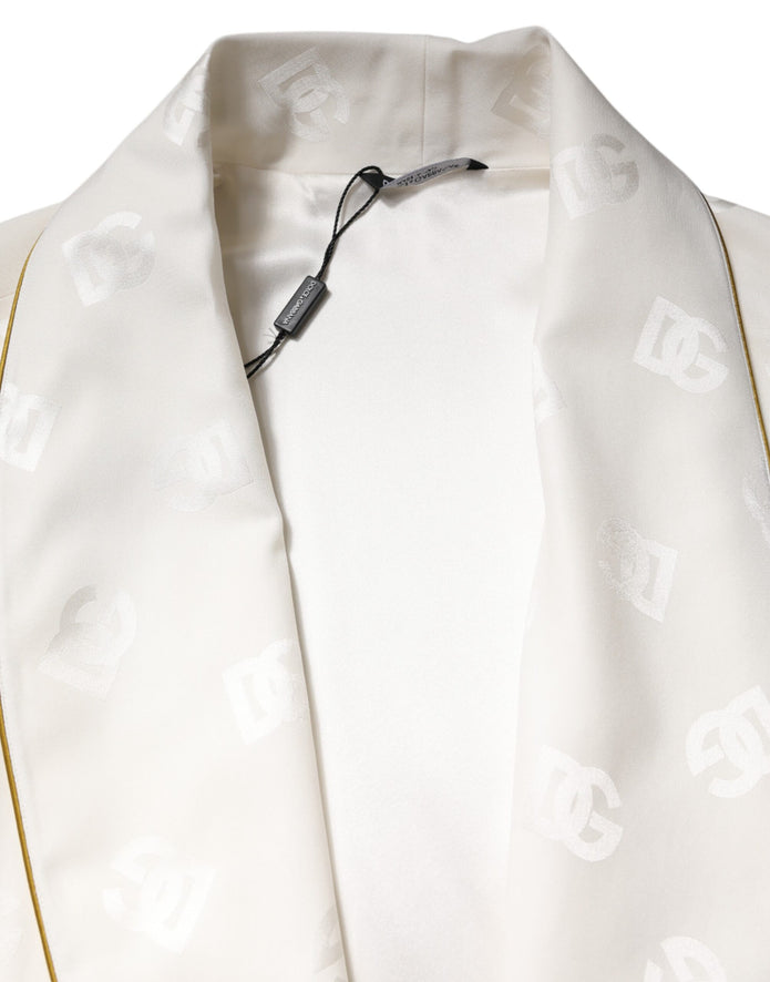 Ivory Silk Logo Men Wrap Robe Coat Jacket