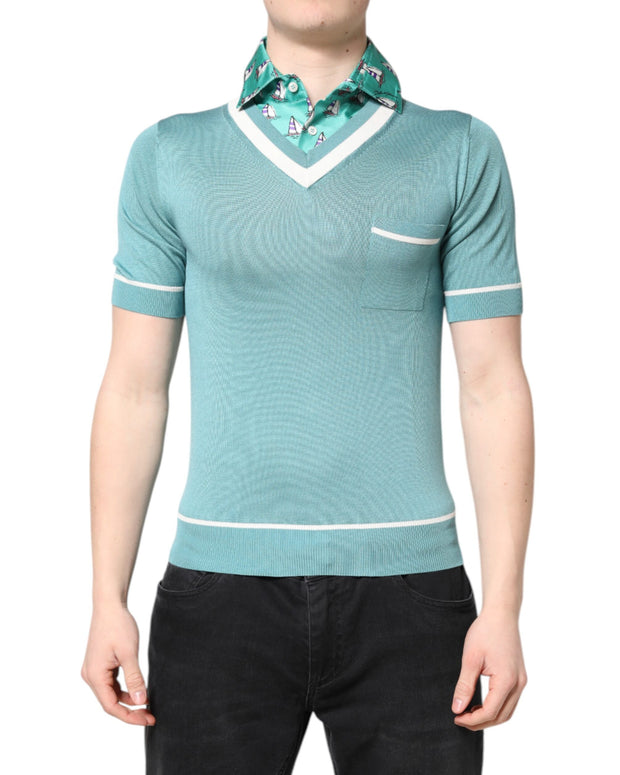 Green Printed Collared Short Sleeve T-shirt