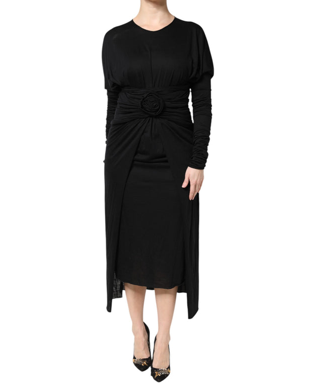 Black Wool Long Sleeves Sheath Midi Dress