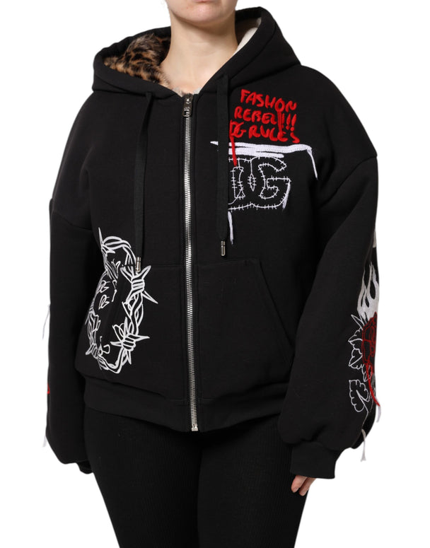 Black Embroidered Full Zip Hooded Jacket
