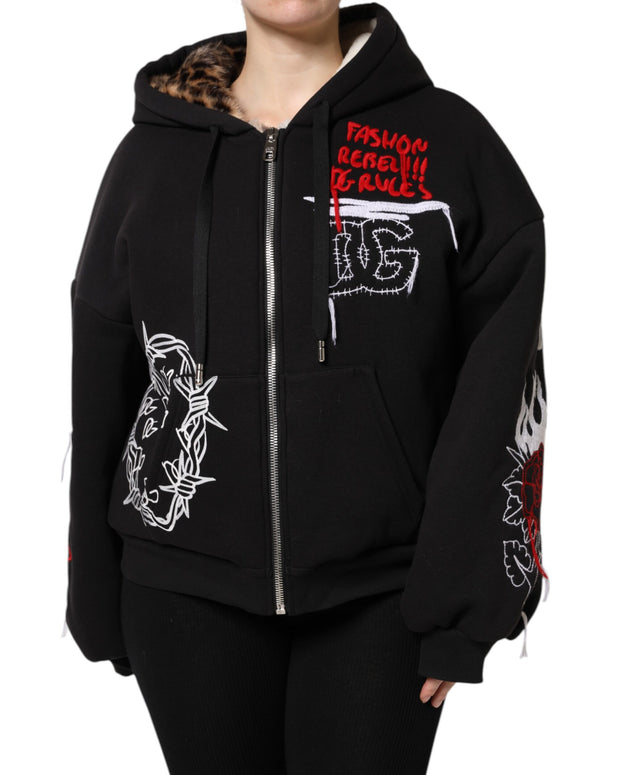 Black Embroidered Full Zip Hooded Jacket