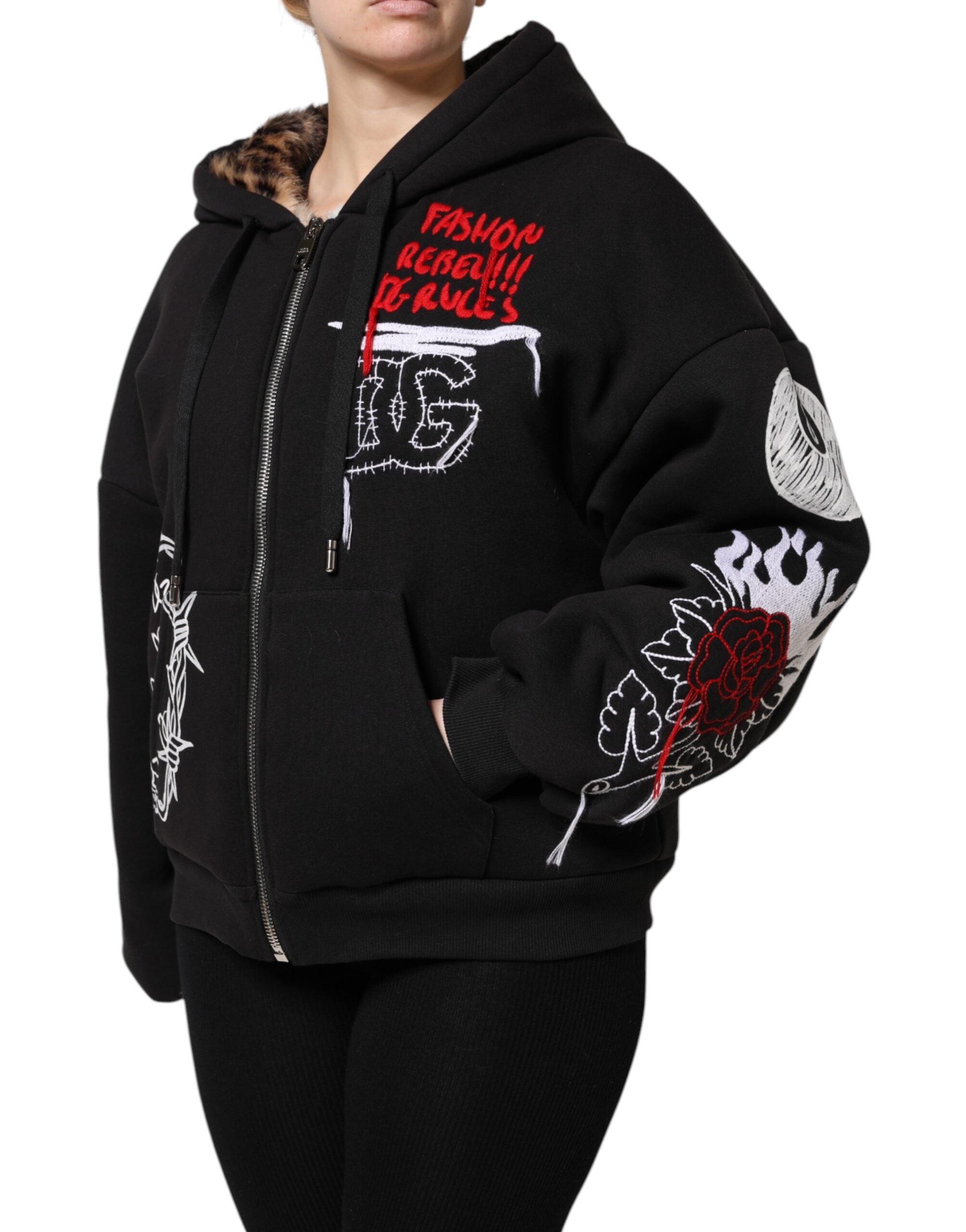 Black Embroidered Full Zip Hooded Jacket