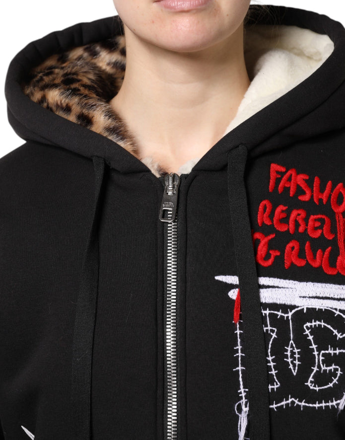 Black Embroidered Full Zip Hooded Jacket