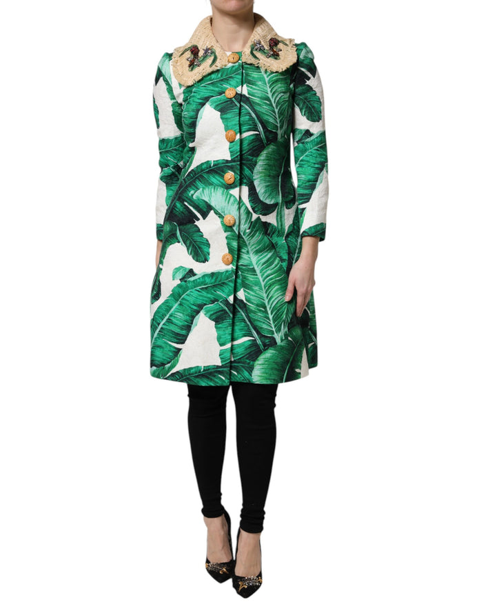 Multicolor Leaf Print Embellished Trenchcoat Jacket
