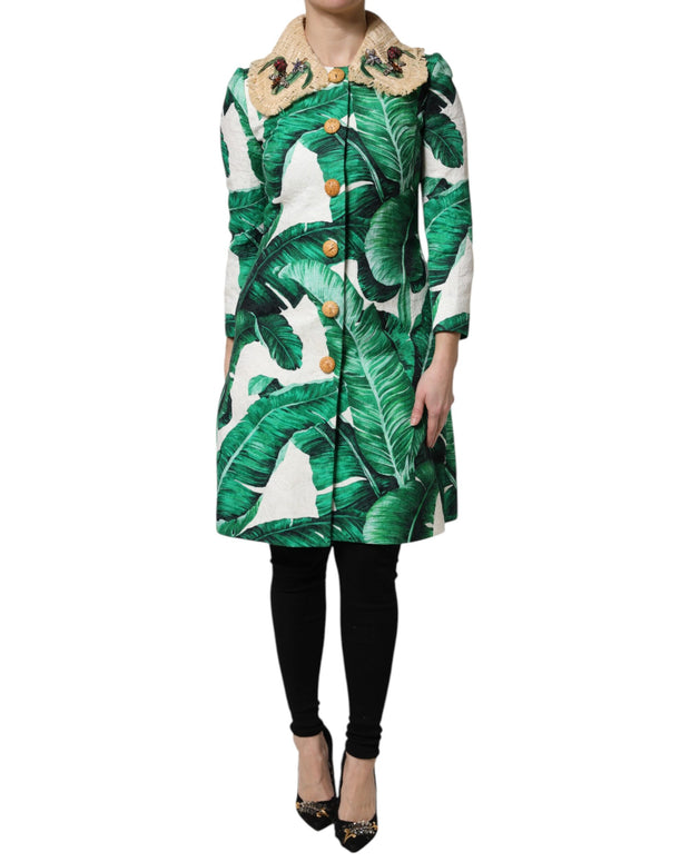 Multicolor Leaf Print Embellished Trenchcoat Jacket