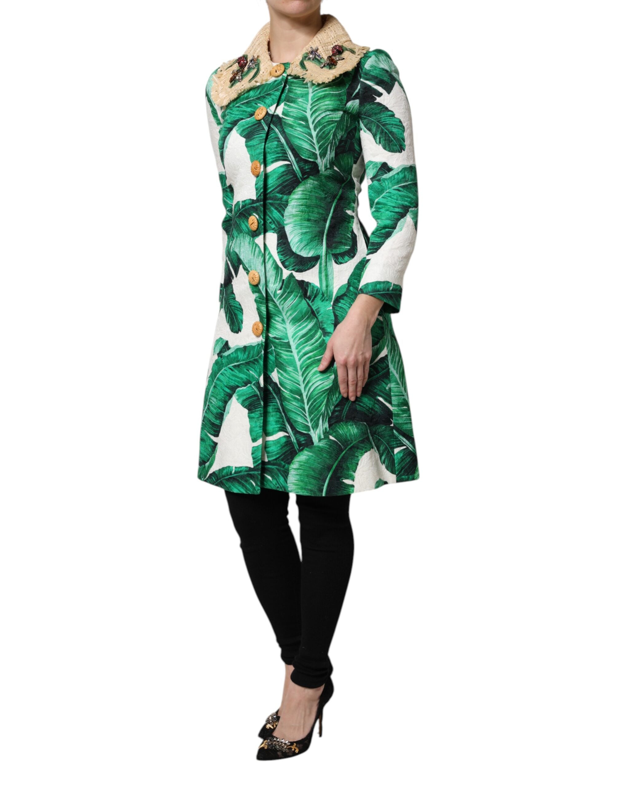 Multicolor Leaf Print Embellished Trenchcoat Jacket
