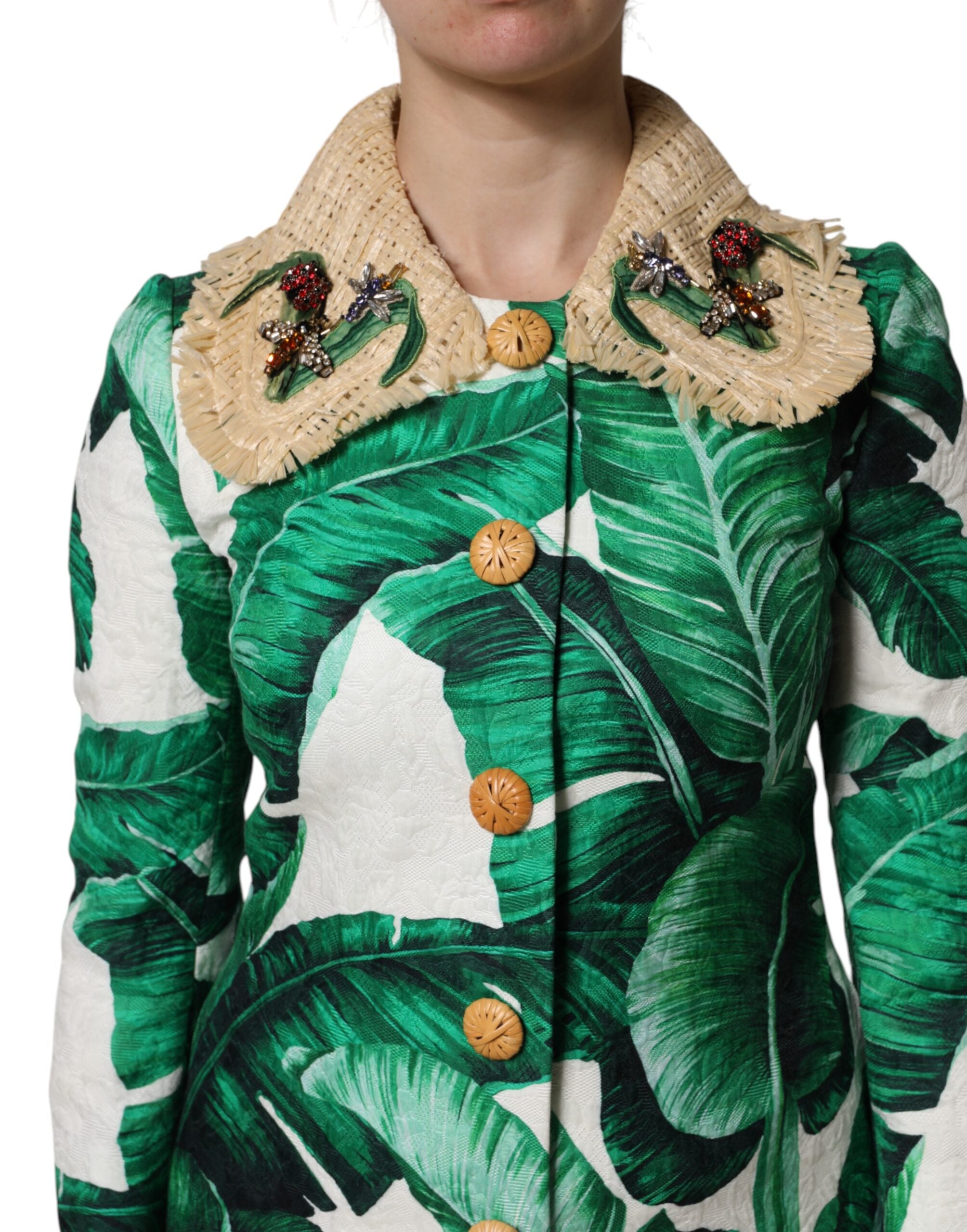 Multicolor Leaf Print Embellished Trenchcoat Jacket