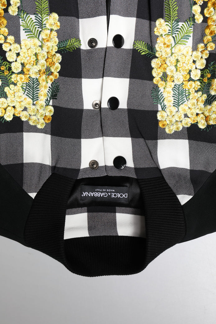 Black White Check Floral Button Down Jacket