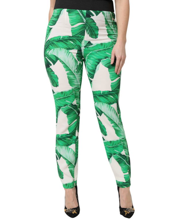 White Green Leaf High Waist Pants