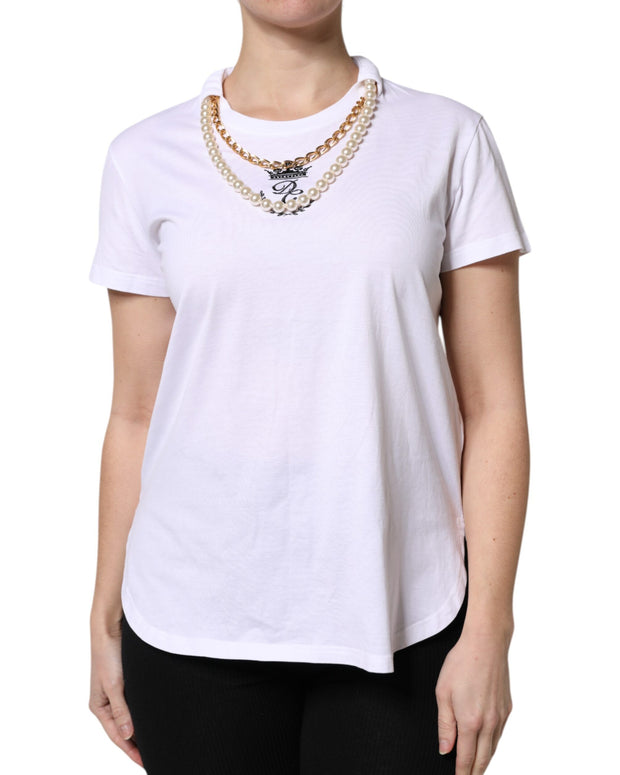 White Chain Pearl Cotton Round Neck T-shirt