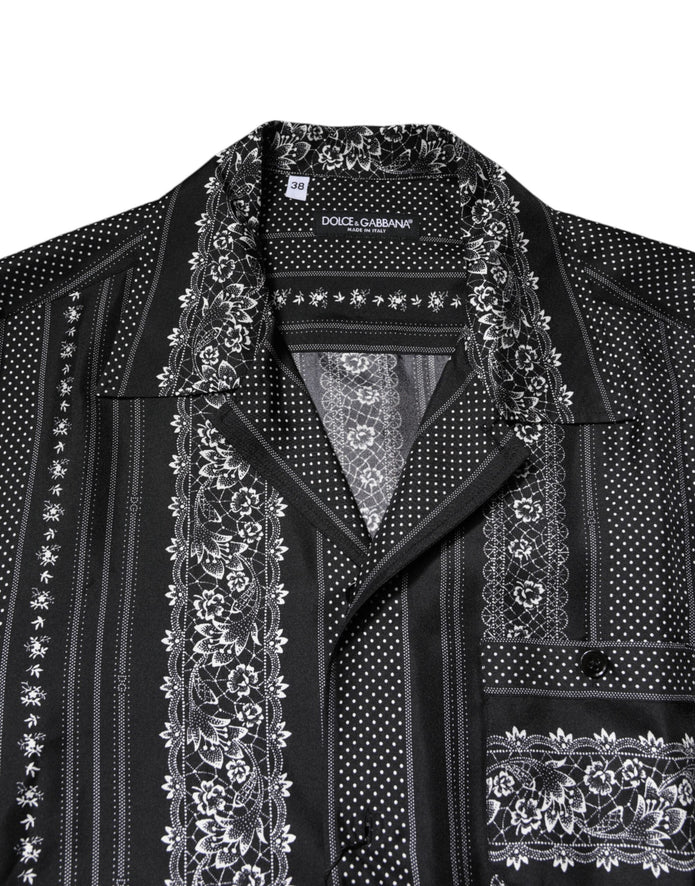 Black Silk Floral Print Short Sleeves Shirt