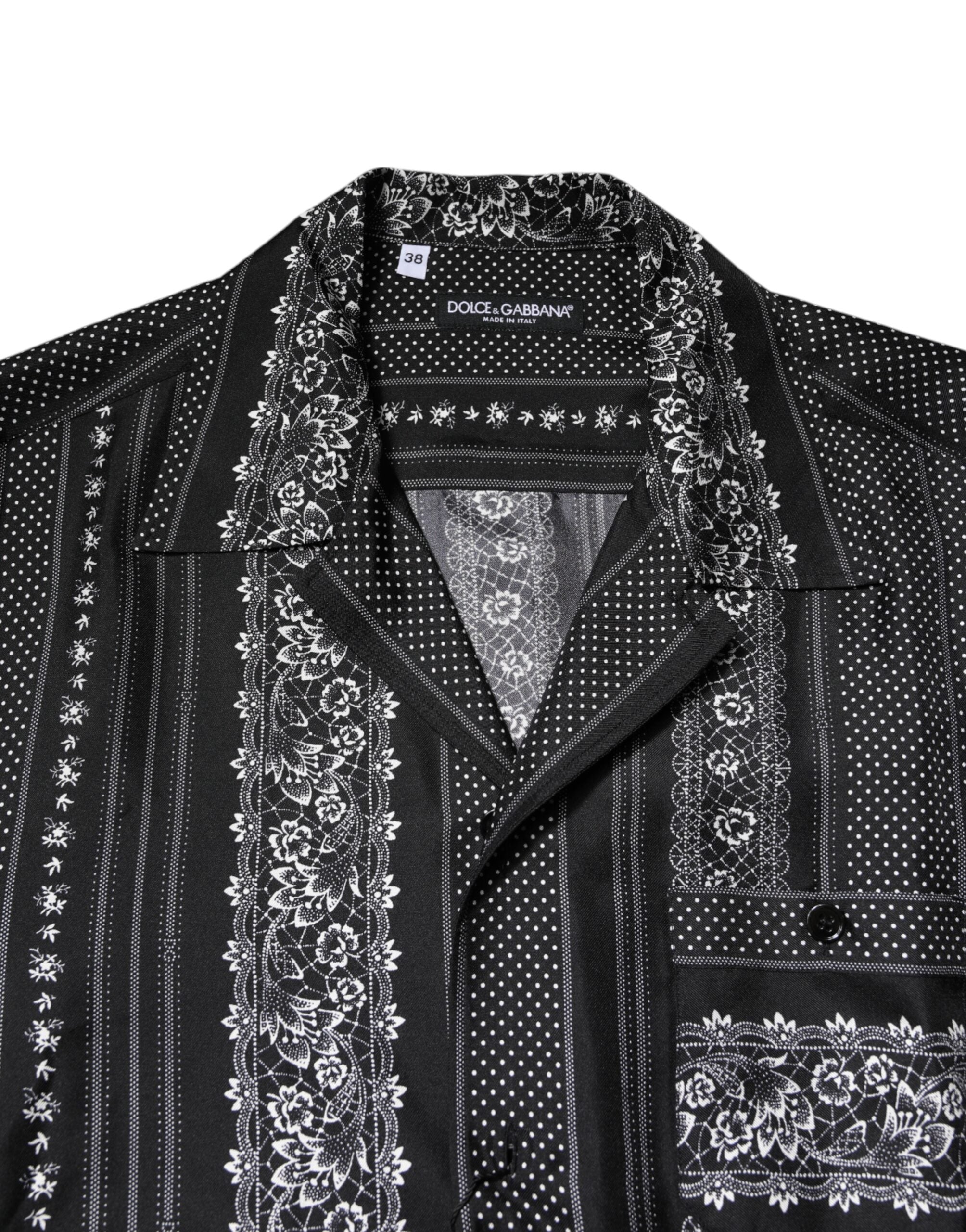 Black Silk Floral Print Short Sleeves Shirt