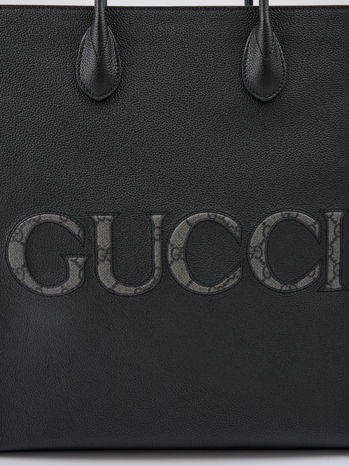 Black Leather Logo Medium Tote Bag