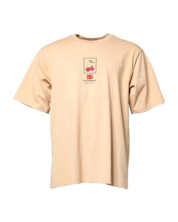 Beige Cotton Logo Print Crew Neck T-shirt