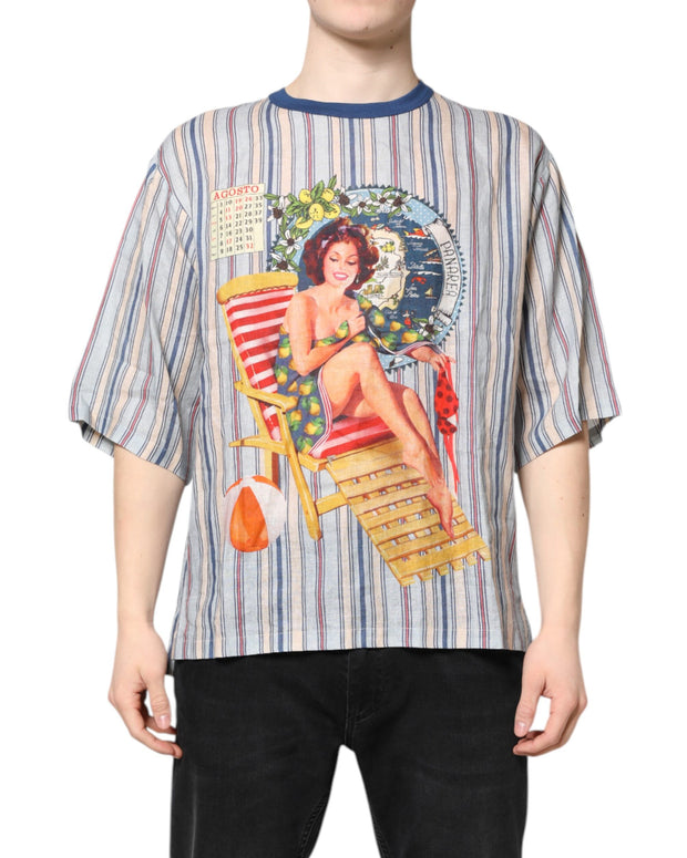 Multicolor Striped Pin Up Linen Round Neck T-shirt