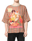 Multicolor Striped Graphic Linen Round Neck T-shirt