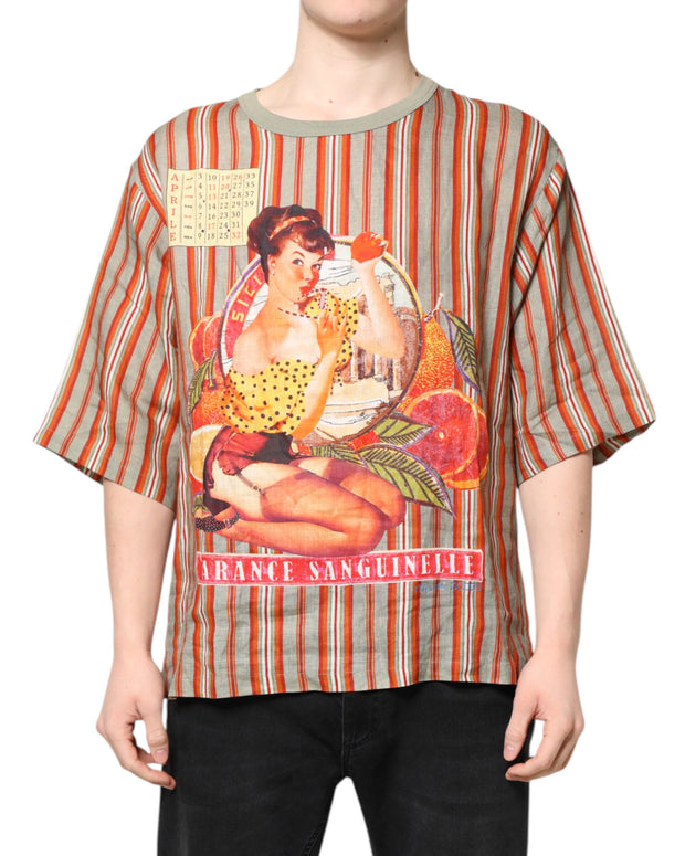 Multicolor Striped Graphic Linen Round Neck T-shirt